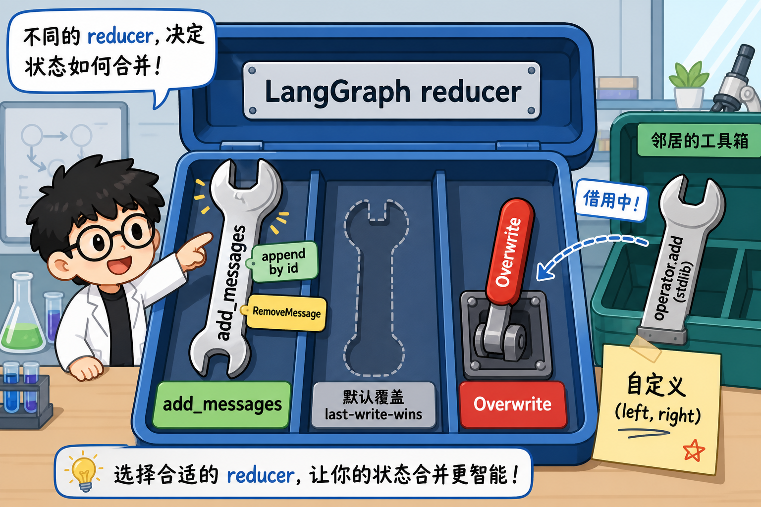 图 1 包内正式扳手只有 add_messages;默认覆盖、Overwrite 绕过、stdlib operator.add 与自定义函数(对应 §4.4)