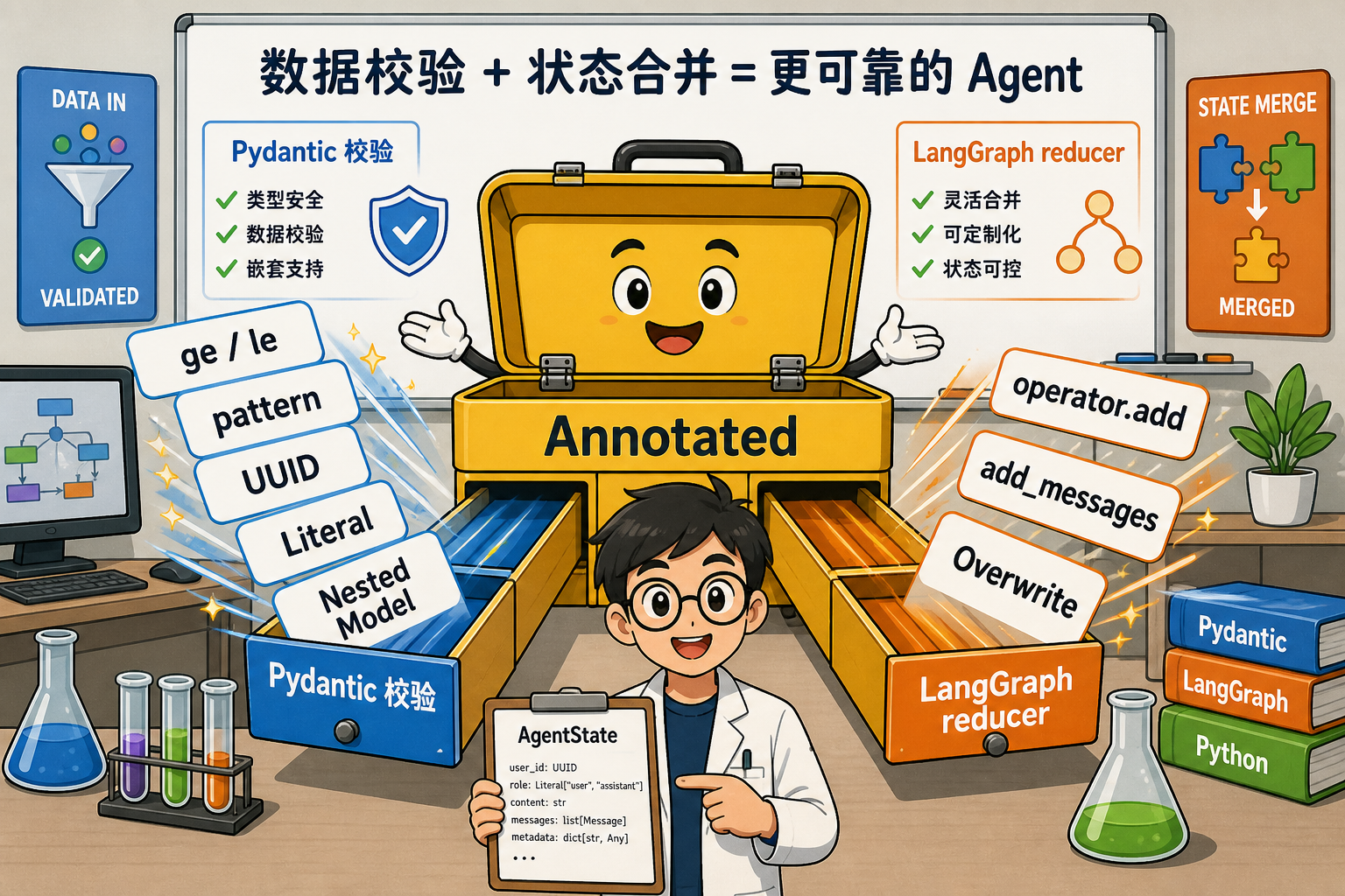 图 1 Annotated 双通道:左抽屉给 Pydantic 校验,右抽屉给 LangGraph reducer(对应 §5)