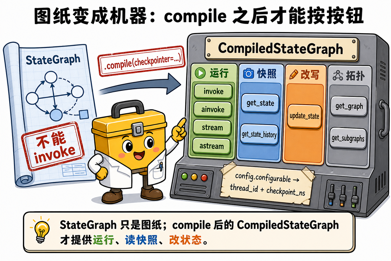 图 1 StateGraph 是图纸;compile 后的 CompiledStateGraph 才提供运行 / 快照 / 改写按钮(对应 §4.1)