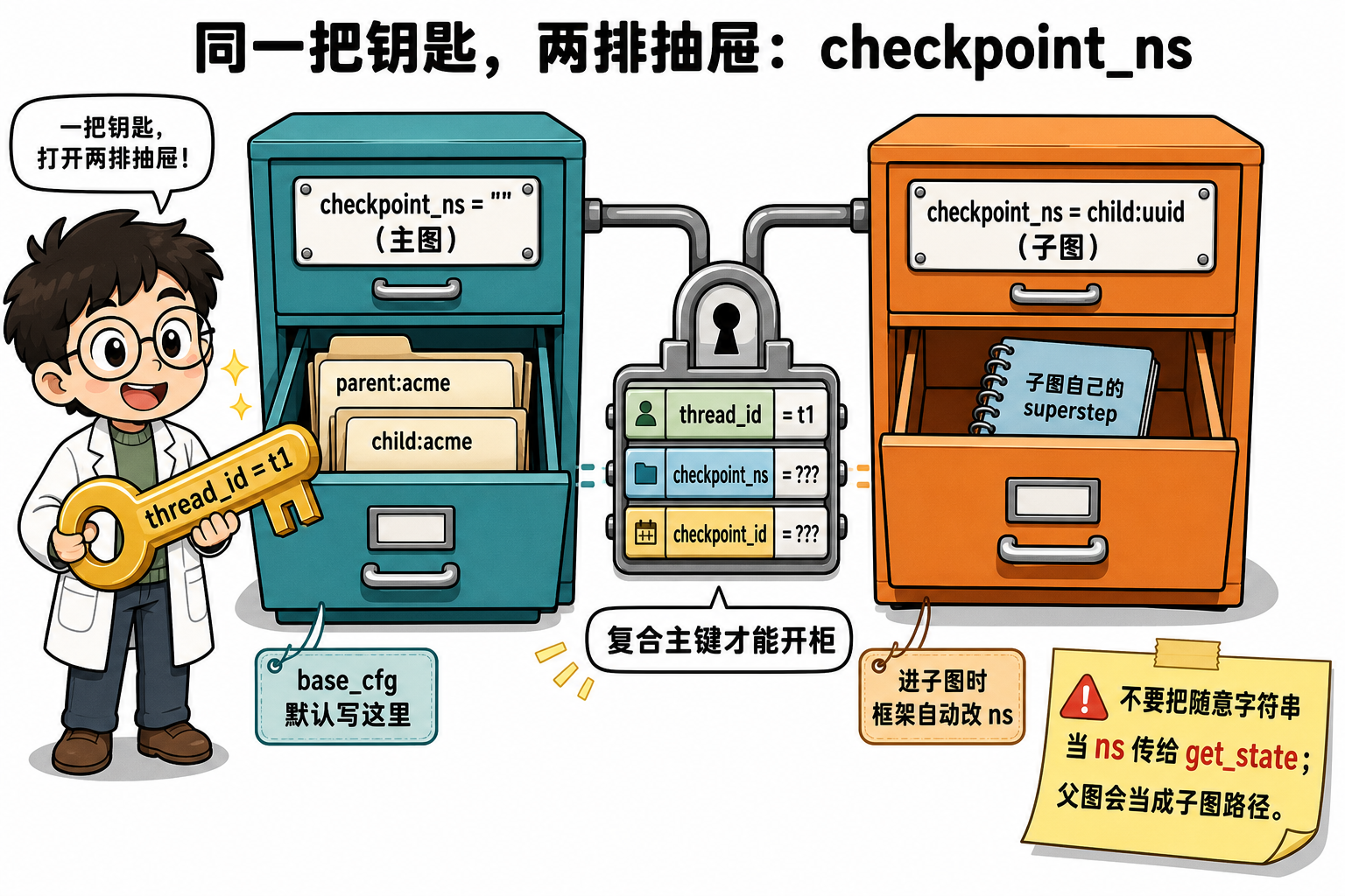 图 2 同一 thread_id 下,主图 "" 与子图 node:uuid 是两排抽屉(对应 §4.2~§4.3)