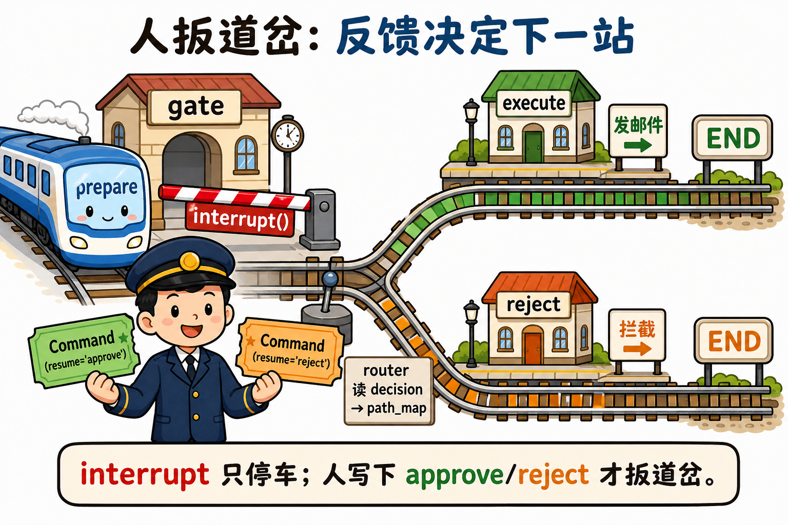 图 2 人在 gate 扳道岔:approve→execute,reject→reject(对应 §4.3)
