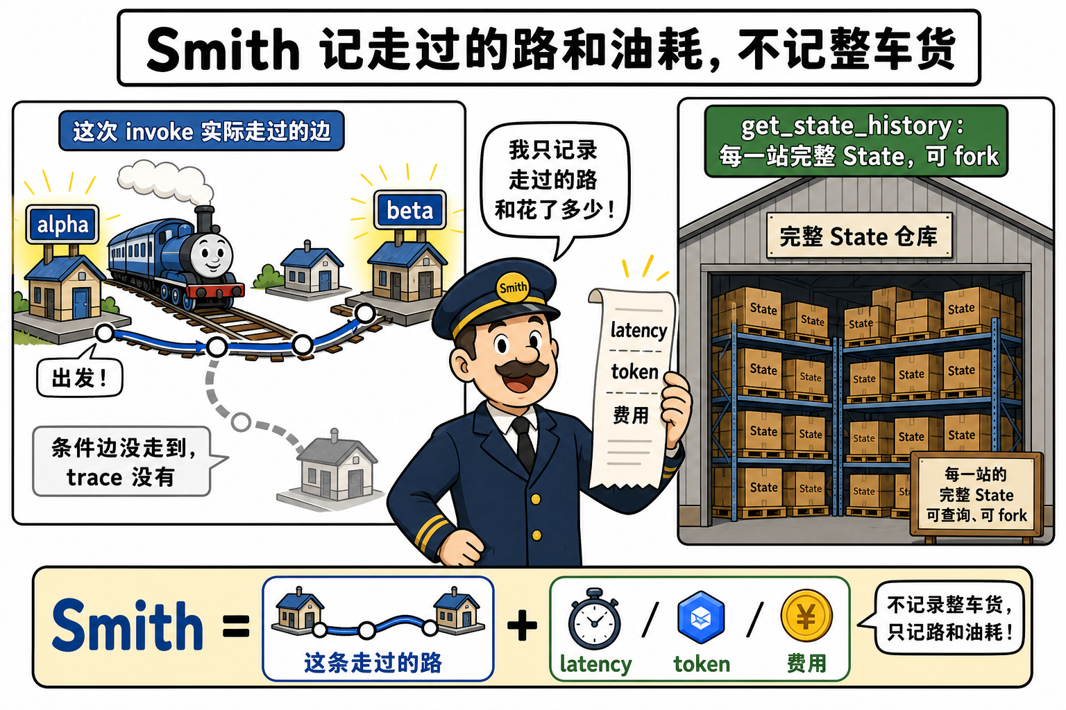 图 1 Smith 记走过的路和油耗;整车货物在 history(对应 §4.2~§4.5)