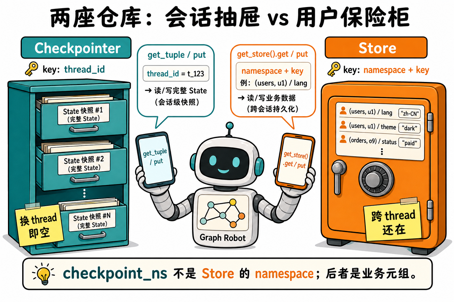 图 1 Checkpointer 按 thread 存整份 State;Store 按 (namespace, key) 存跨会话事实(对应 §4.1)