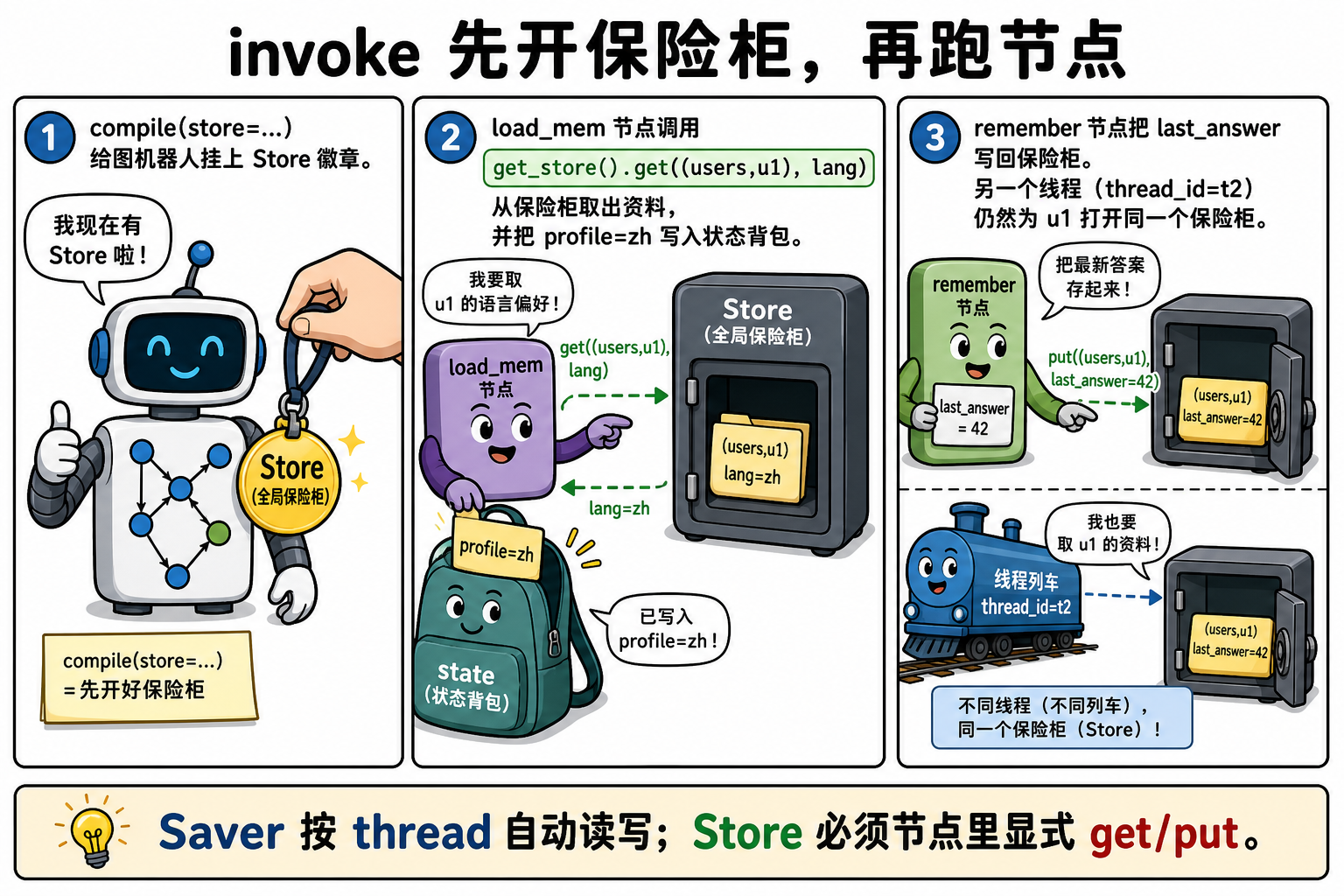 图 2 invoke:get_store 读保险柜 → 写入 State → remember 再 put(对应 §4.2)
