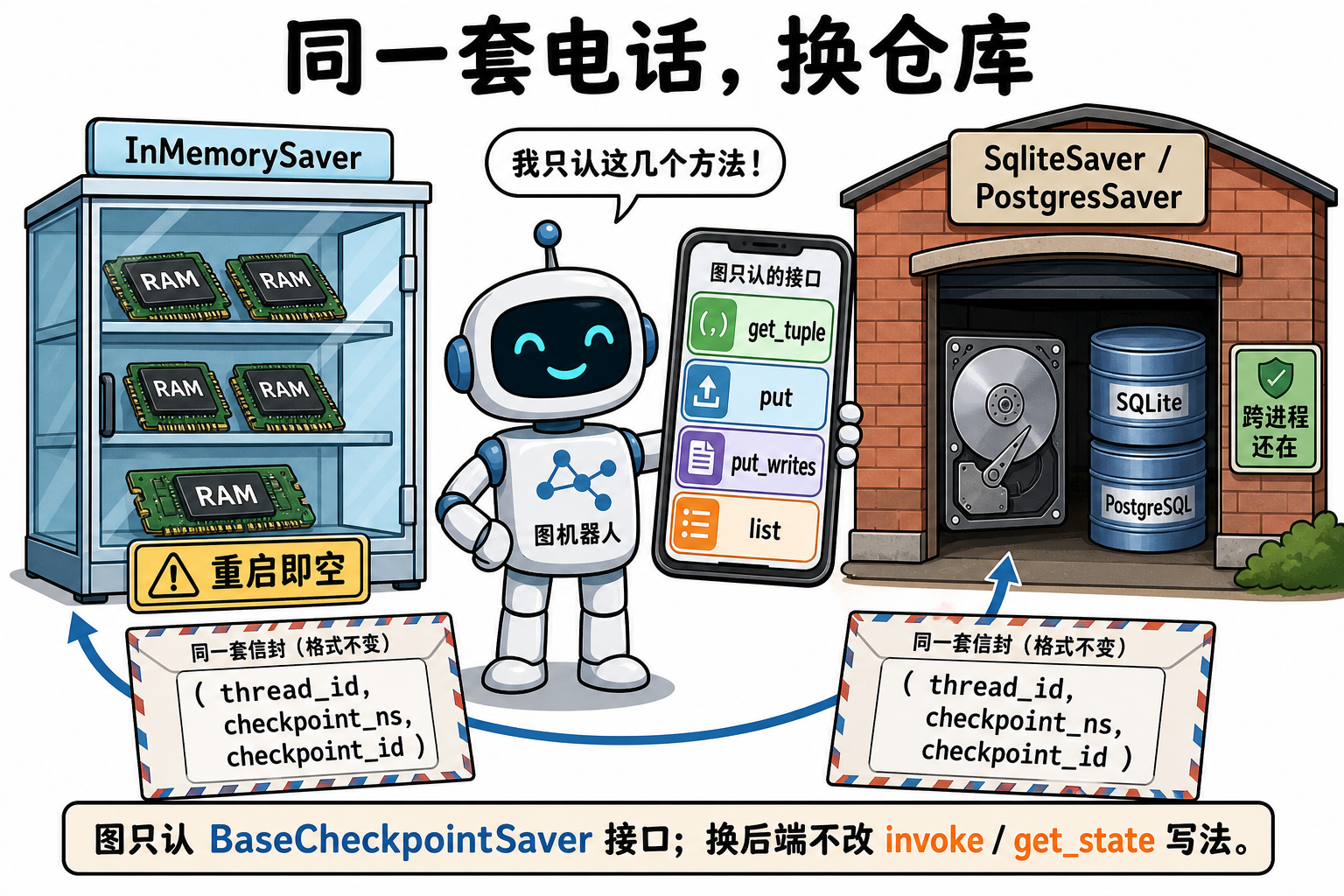 图 1 图只认 Saver 电话;左边 RAM、右边磁盘,信封仍是 (thread_id, ns, id)(对应 §4)
