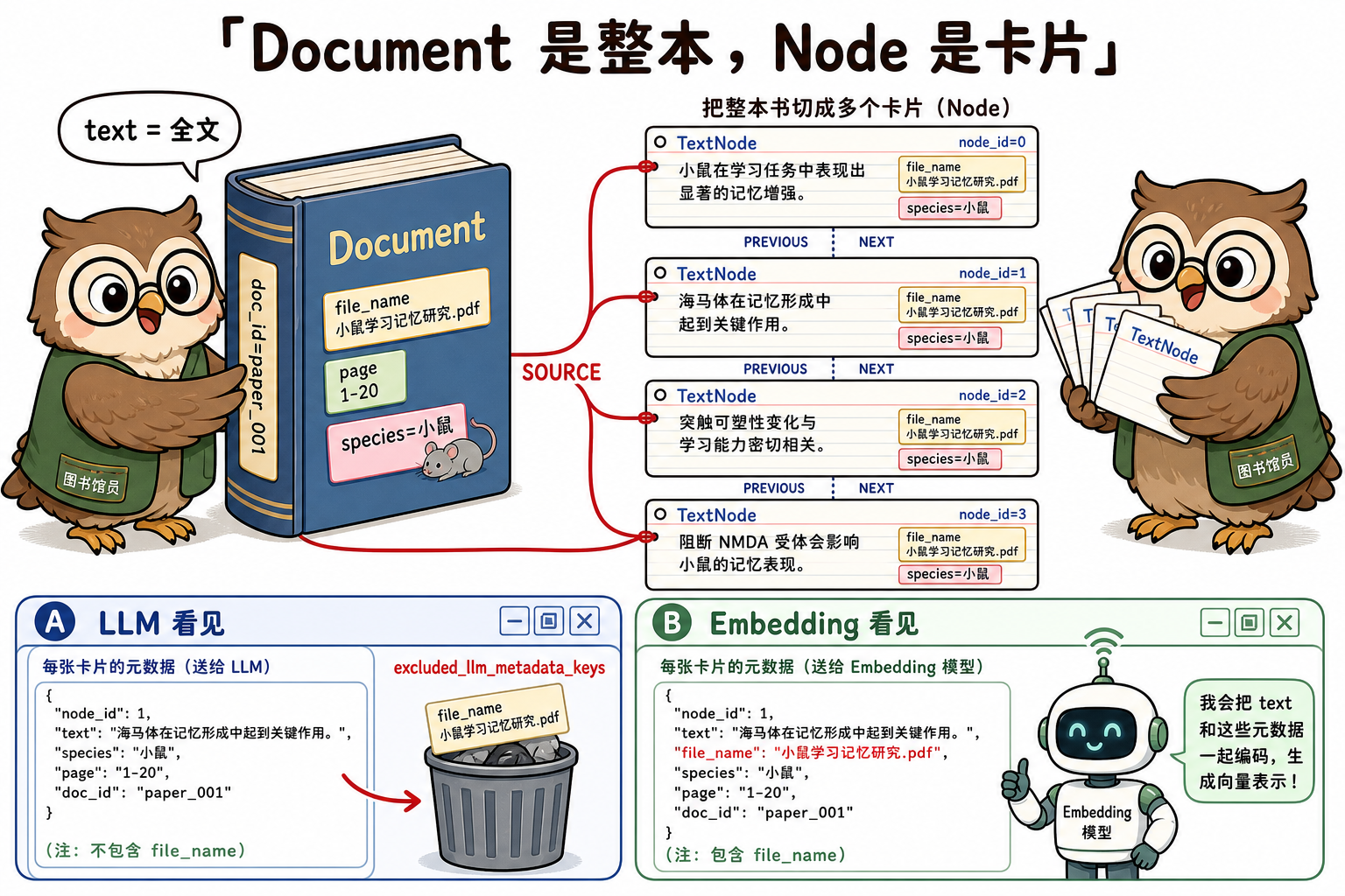 Document 是整本、Node 是卡片;SOURCE 回溯,LLM/Embedding 看到的 metadata 可以不同(科普示意)