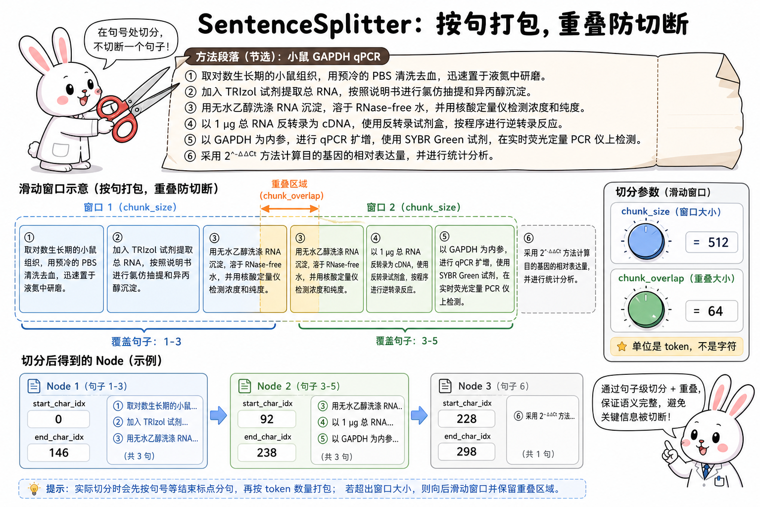 SentenceSplitter 按句打包,重叠窗口避免切断方法句(科普示意)
