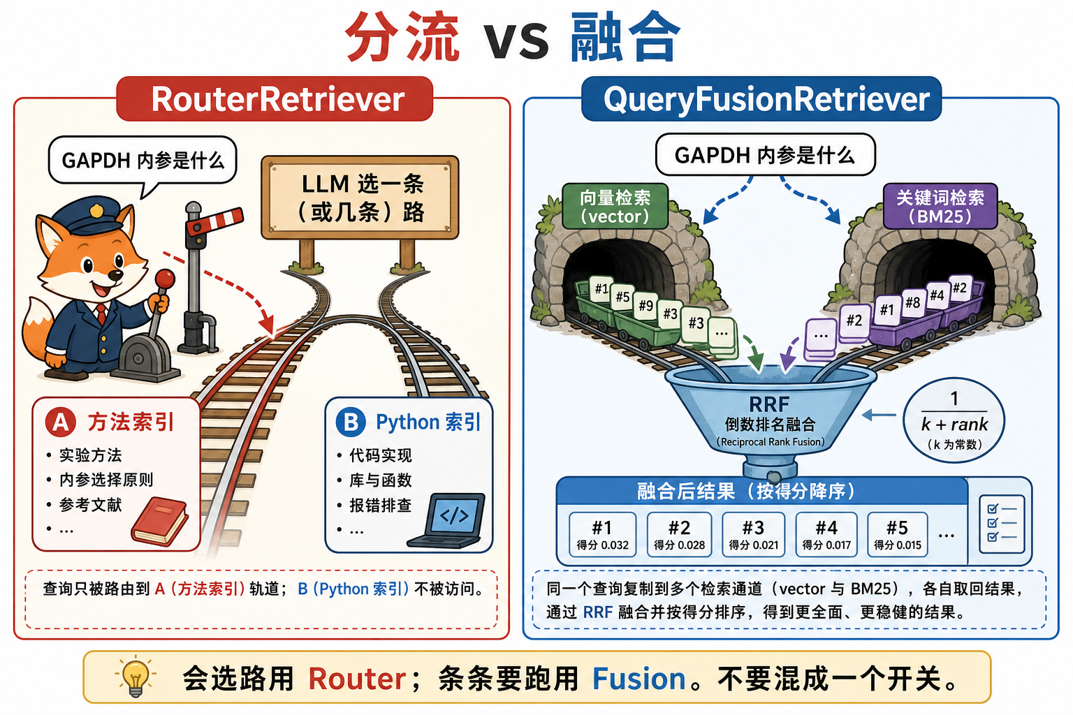 左:站长扳道只放行一条;右:两路进漏斗做 RRF(科普示意)