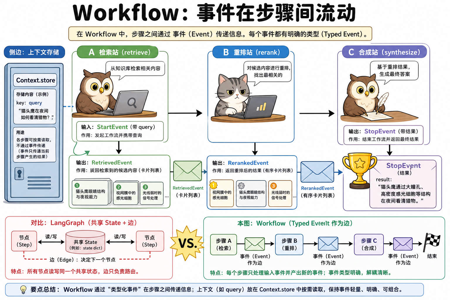 StartEvent 信封传到 retrieve,再变成 RerankedEvent,最后 StopEvent;旁边对照 LangGraph 黑板(科普示意)
