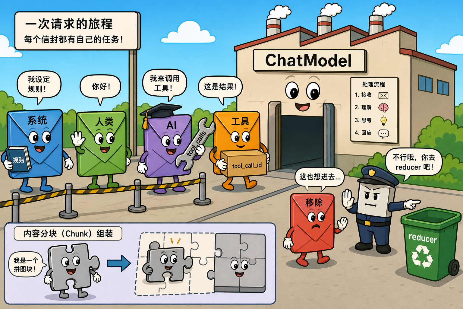 图 1 四类对话信封进 ChatModel;Chunk 需拼合;Remove 走 reducer 不进模型(对应 §2~§3.4)