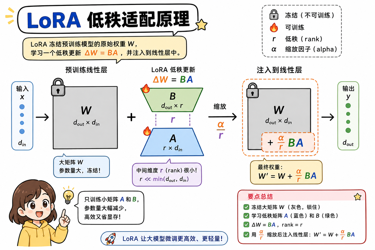 LoRA 低秩适配示意