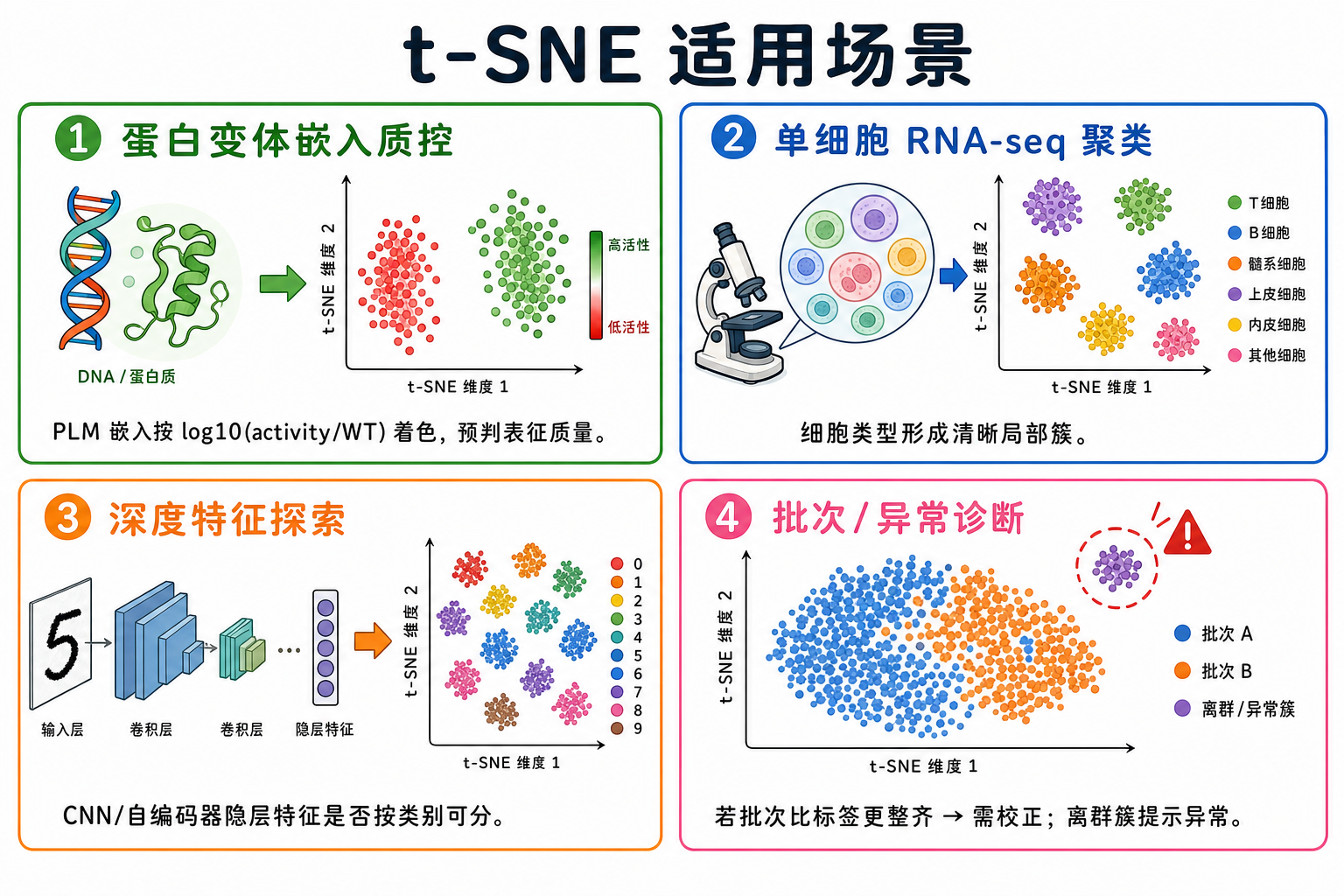 图 3 t-SNE 适用场景(科普示意)