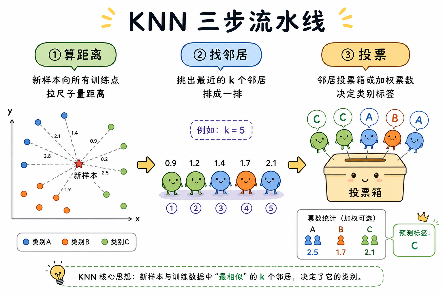 图 2 算距离 → 找 k 个邻居 → 投票
