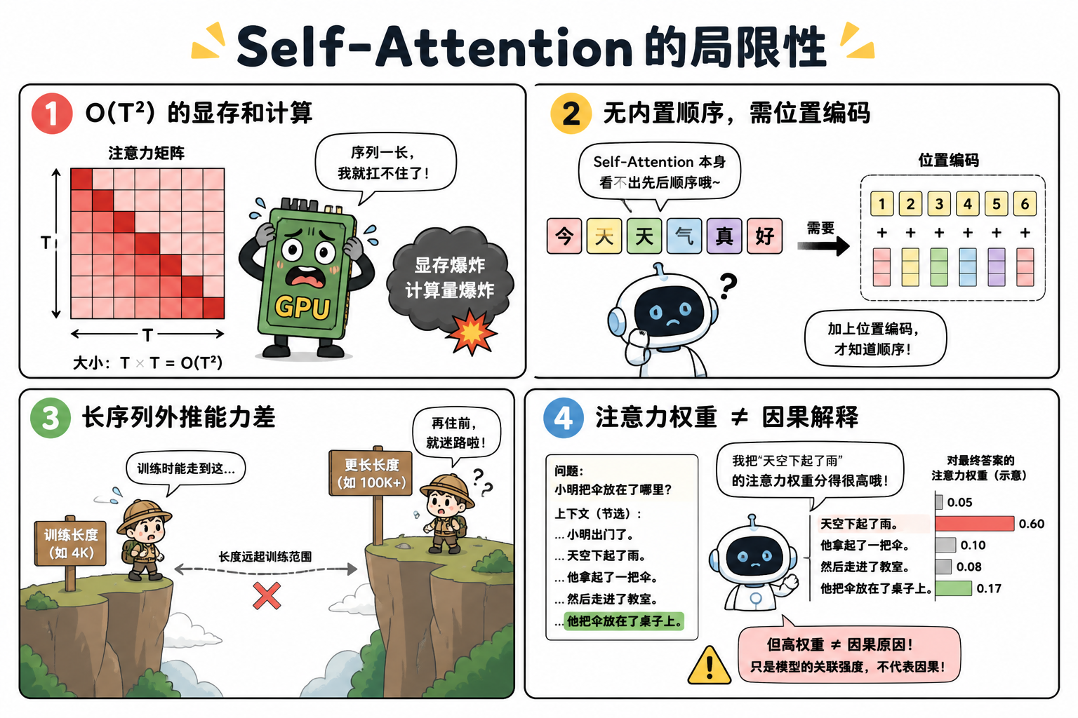 图 4 Self-Attention 的典型局限(科普示意)