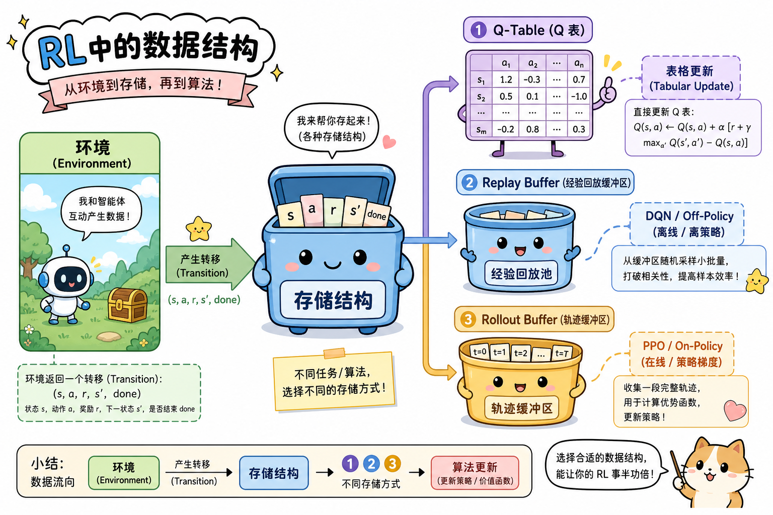 Environment 到 Q-Table / Replay / Rollout 的数据流
