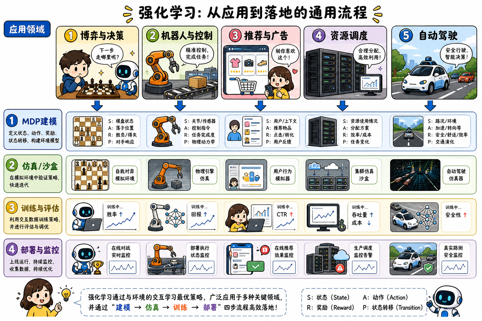 应用领域与 RL 共性阶段（建模 → 仿真 → 训练 → 部署）
