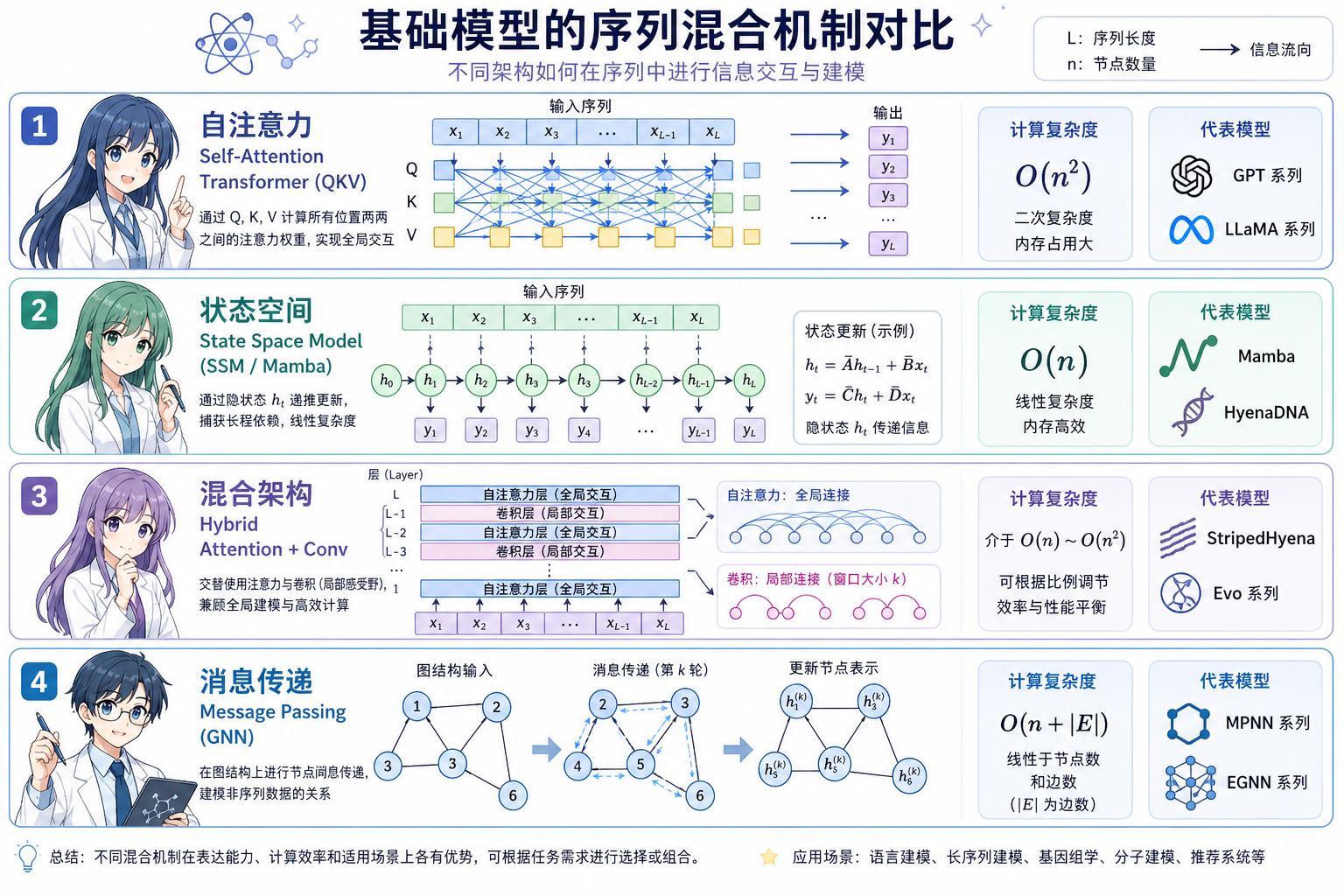 图 2 四种序列混合机制对比:自注意力、SSM、混合架构、消息传递
