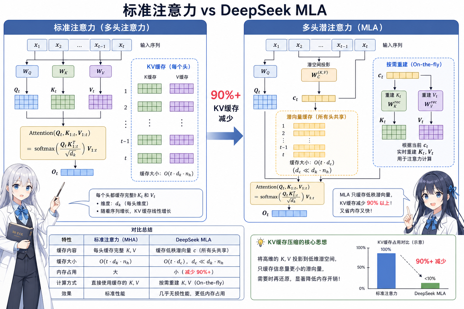 图 2　标准 MHA vs MLA：KV 潜空间压缩与缓存策略