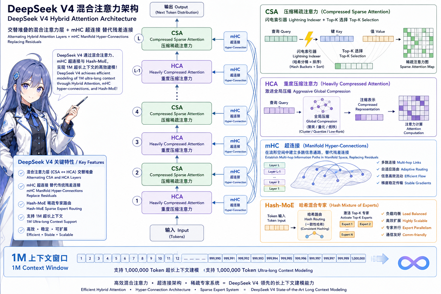 图 4　DeepSeek-V4：CSA / HCA 混合注意力 + mHC 超连接 + Hash-MoE 引导层