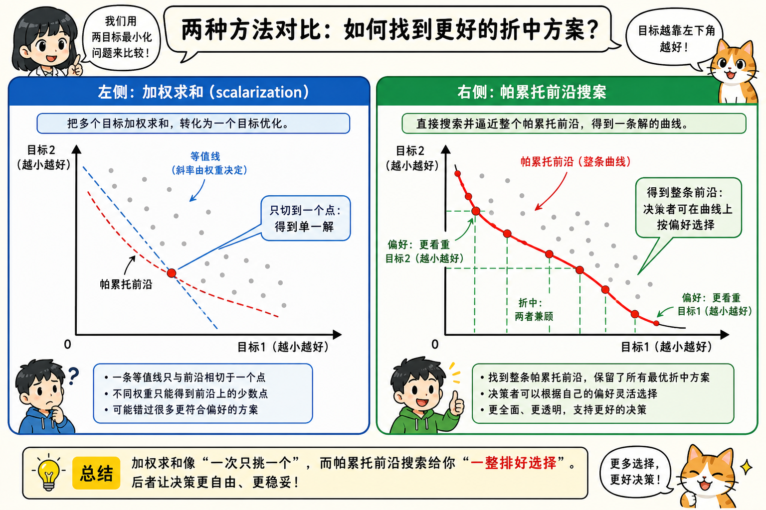 图 4　加权求和 vs 帕累托搜索