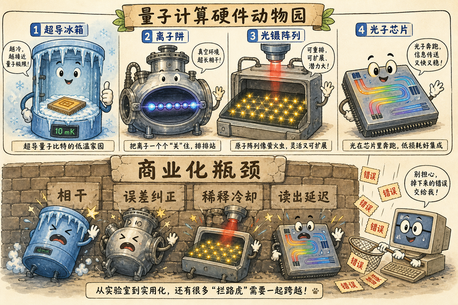 图 4 四条硬件路线撞上同一堵墙:相干、纠错、制冷、读出延迟