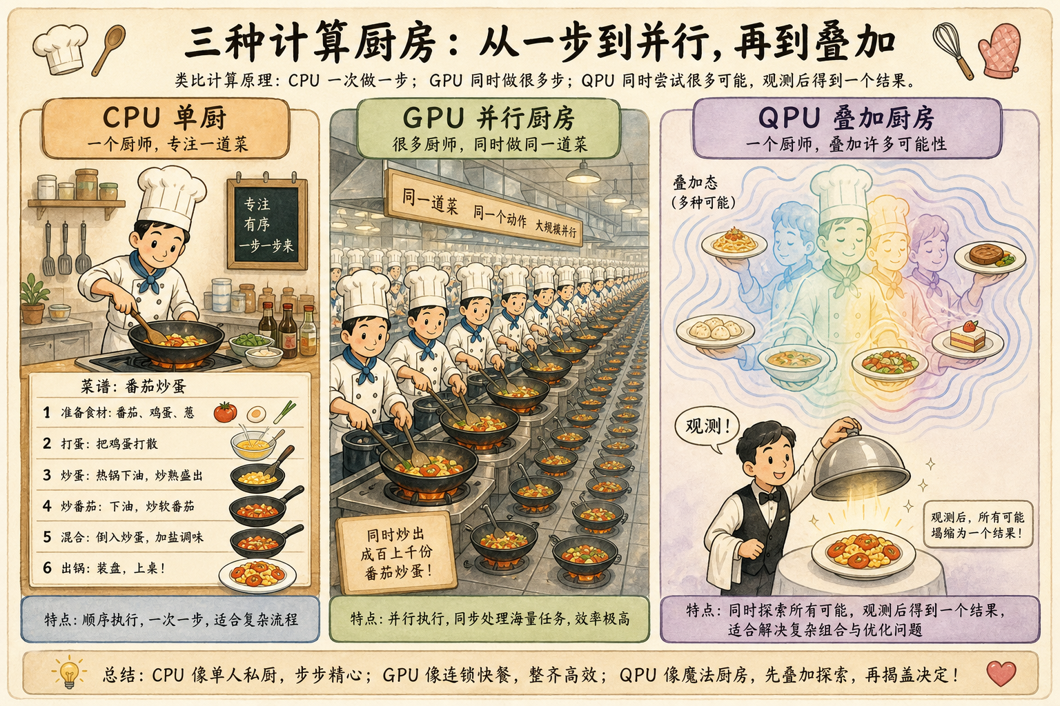 图 1 同一道菜:CPU 顺序做、GPU 复制同一动作、量子机让多种可能先叠加再塌成一盘