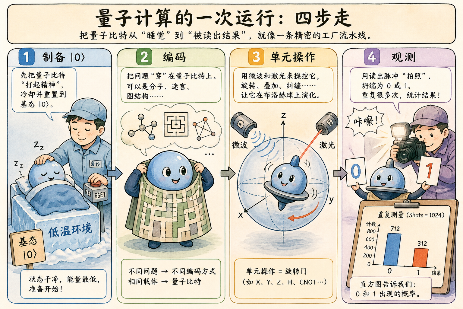 图 3 四步厂线:按到 $|0\rangle$、穿上问题、旋转、闪光后只留下 0/1 与直方图
