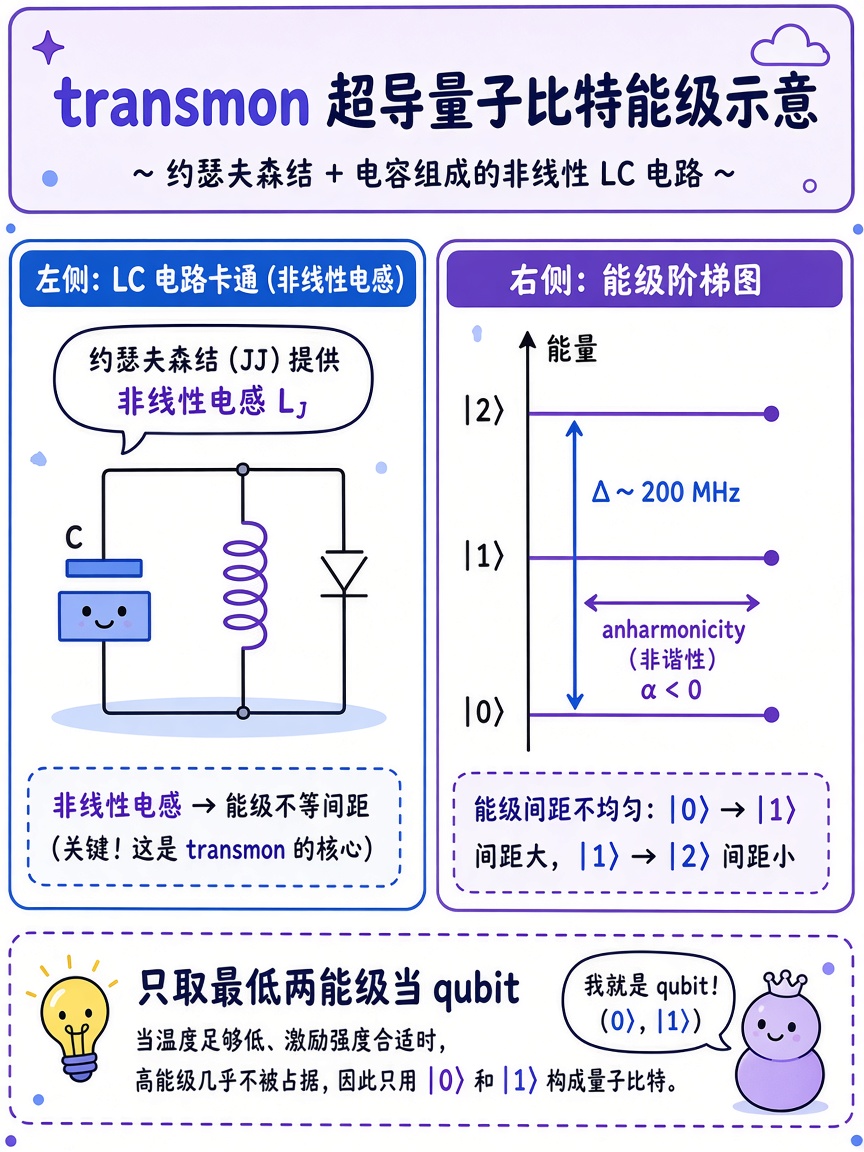 图 2 transmon:约瑟夫森结 + 大电容;非谐性让 |0⟩、|1⟩ 单独可控